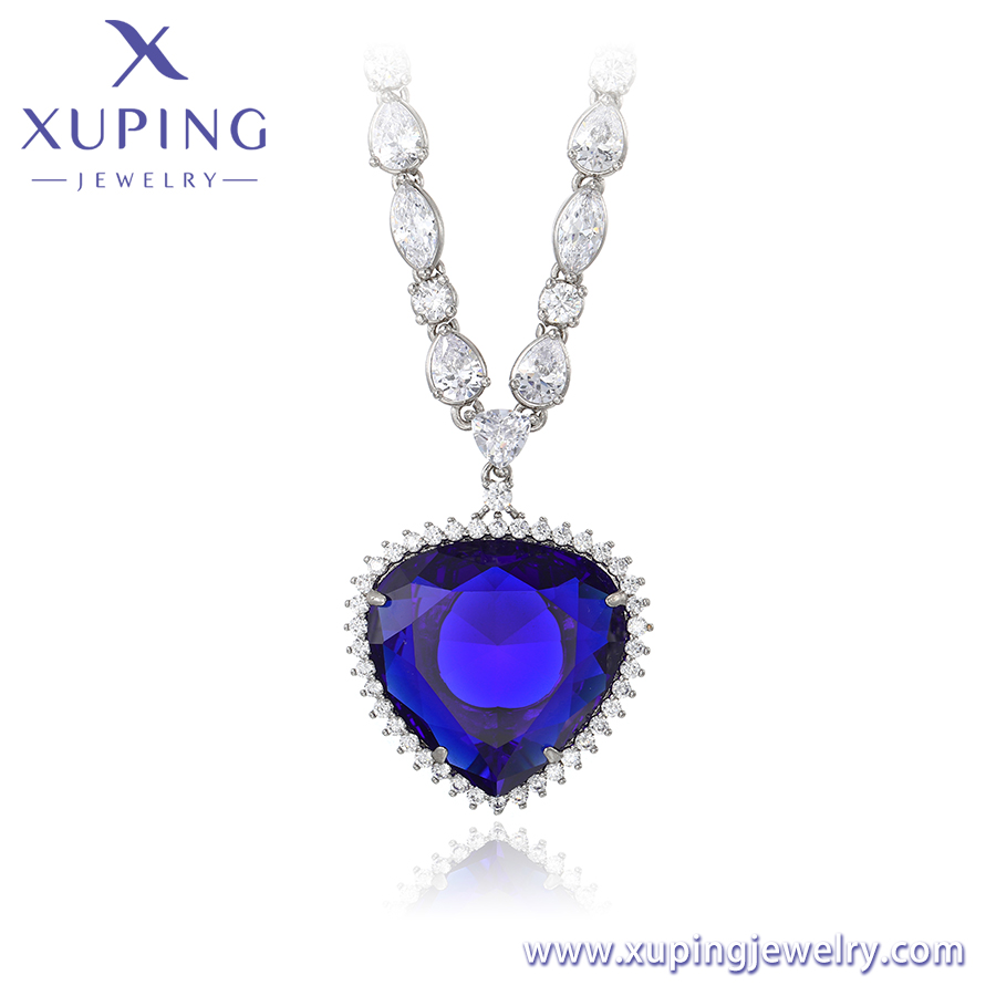 Platinum plated fashion jewelry necklace with dark blue glass stone, model 14N245402