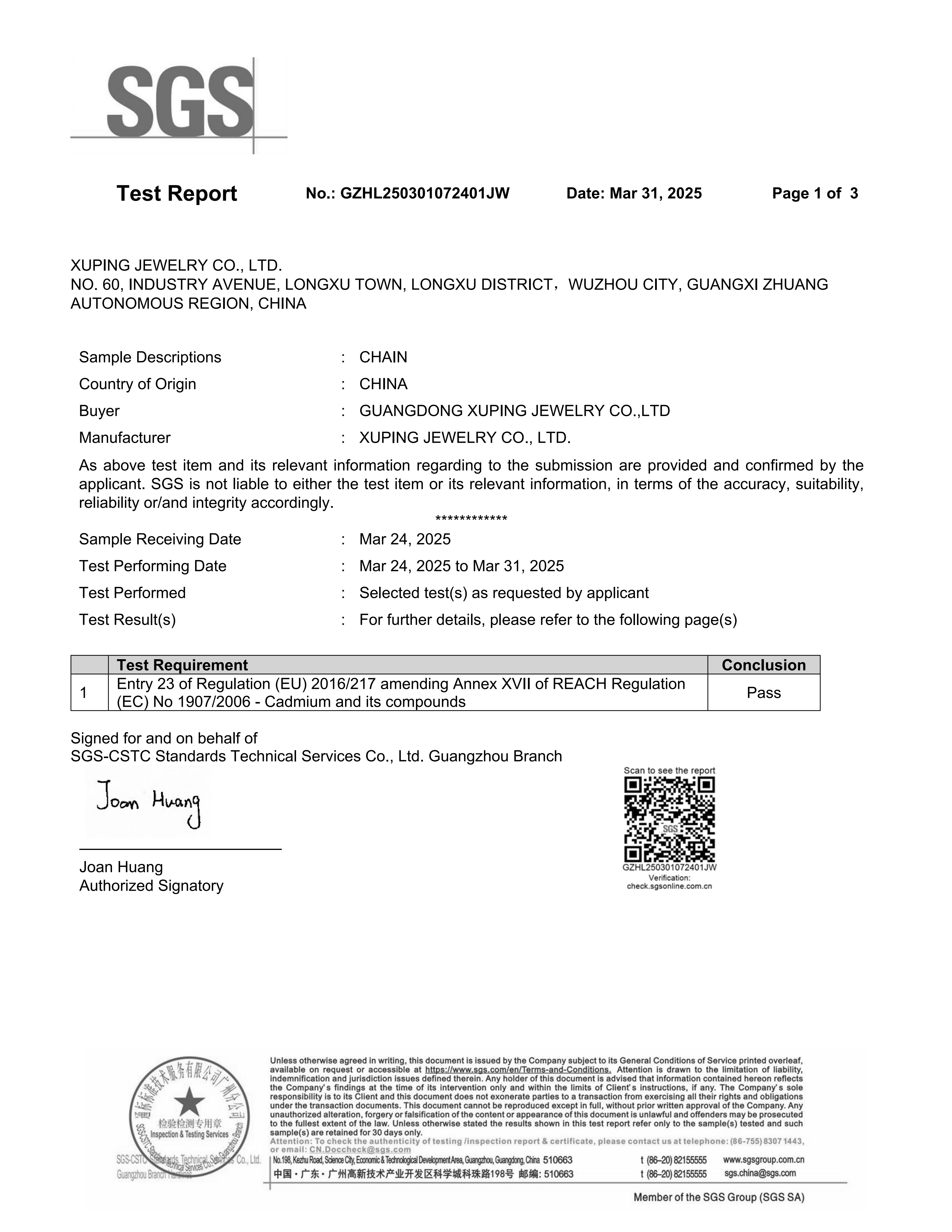 SGS REACH test report GZHL250301072401JW for Xuping Jewelry necklaces