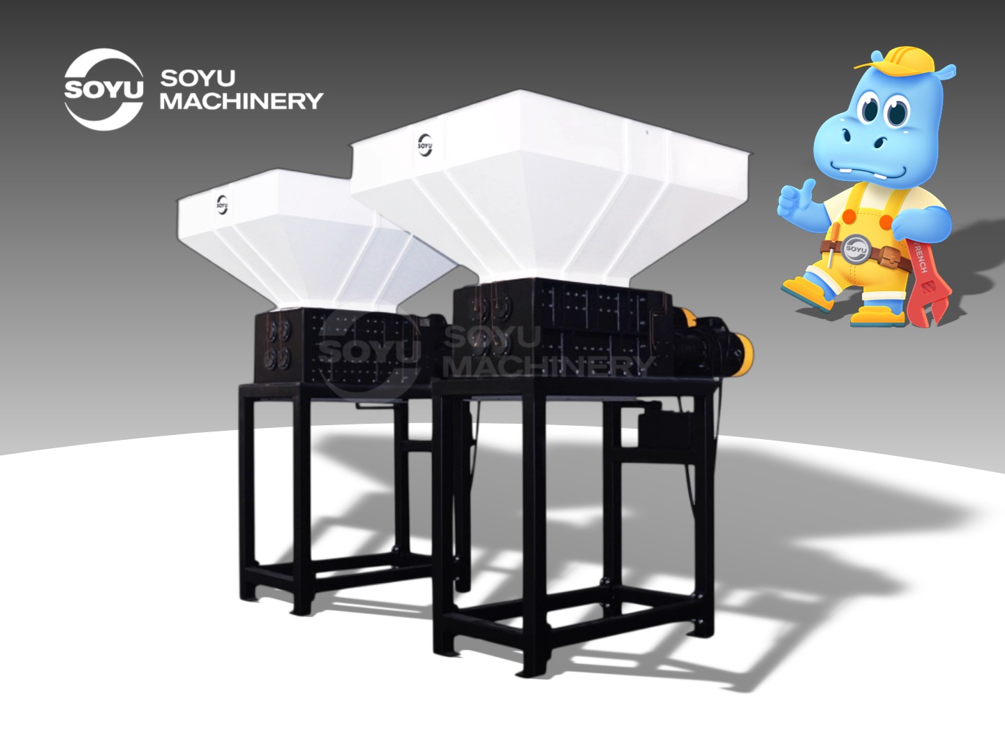 Industrial shredder unit with reinforced frame and cutting chamber for packaging waste