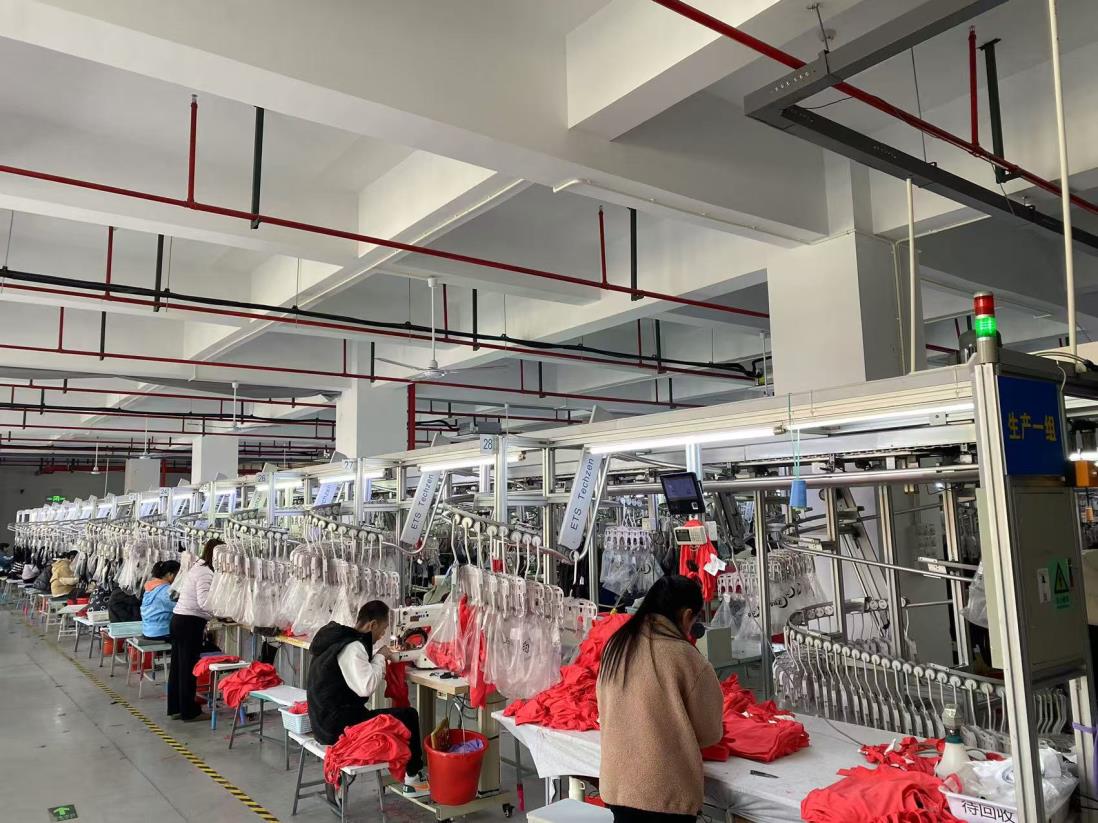 Sewing and hanging line in an activewear factory