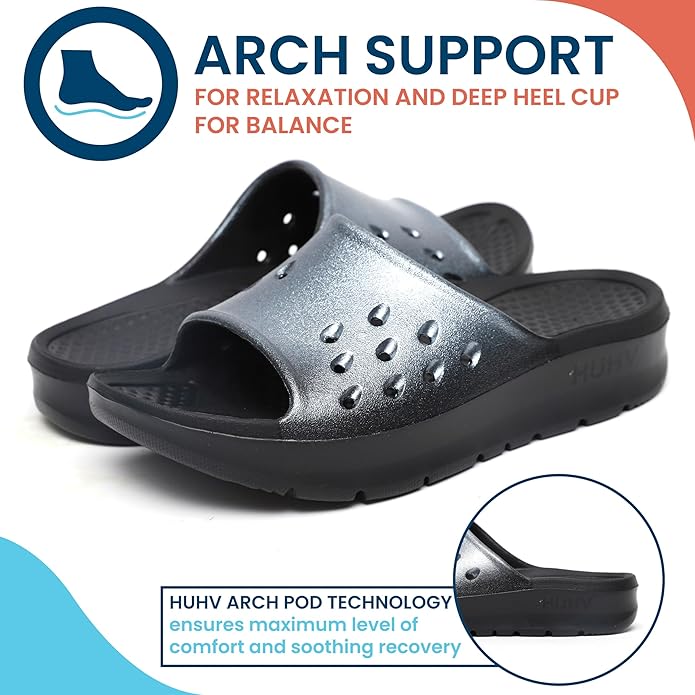 Feature diagram highlighting arch support and deep heel cup on EVA recovery footwear