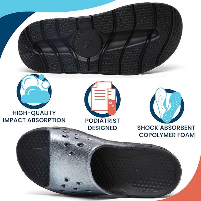 Functional diagram of recovery slipper sole showing shock absorption and pressure relief zones
