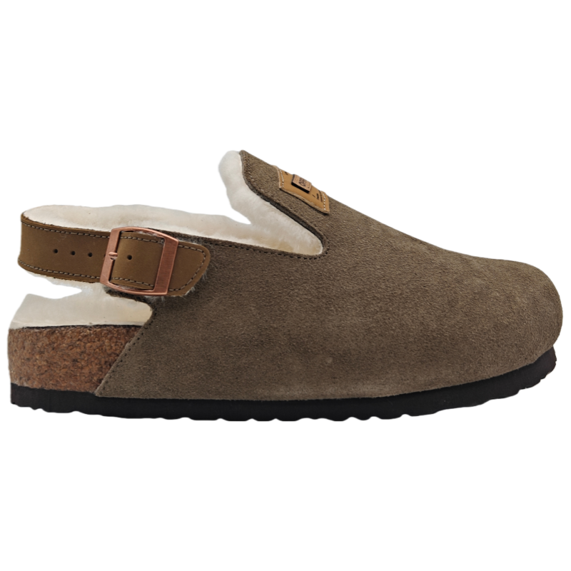 Shearling-lined suede cork clog with adjustable heel strap - rear view