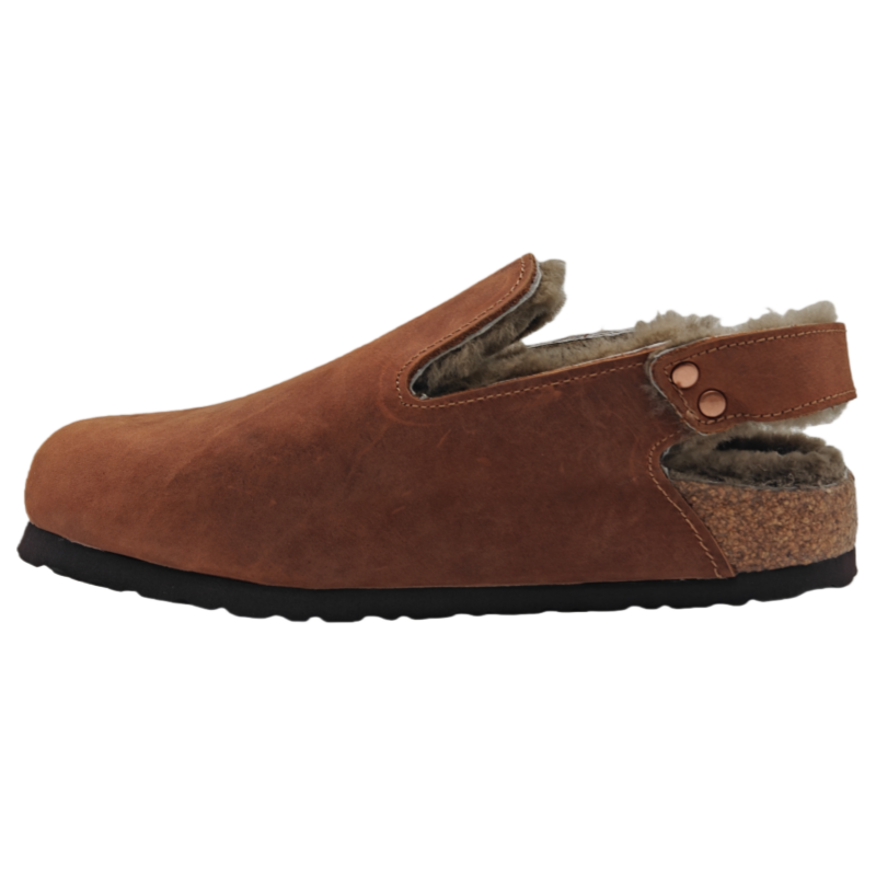 Shearling-lined suede cork clog - side view showing suede upper