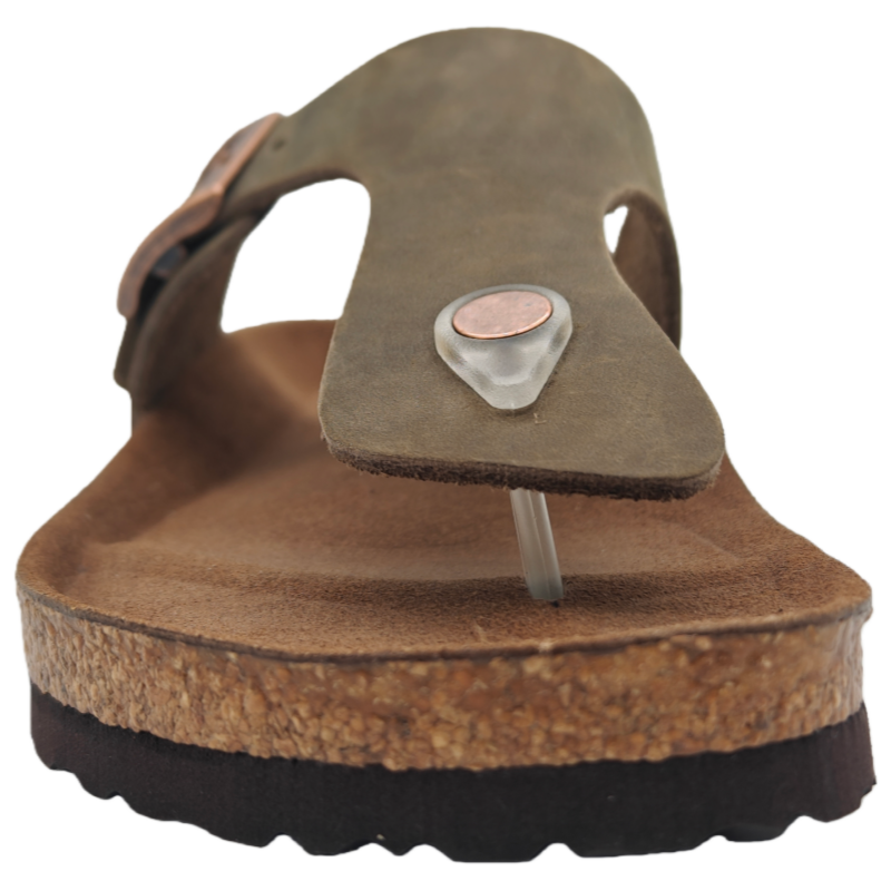 CS09 top view showing adjustable suede-like T-strap with rivet detail