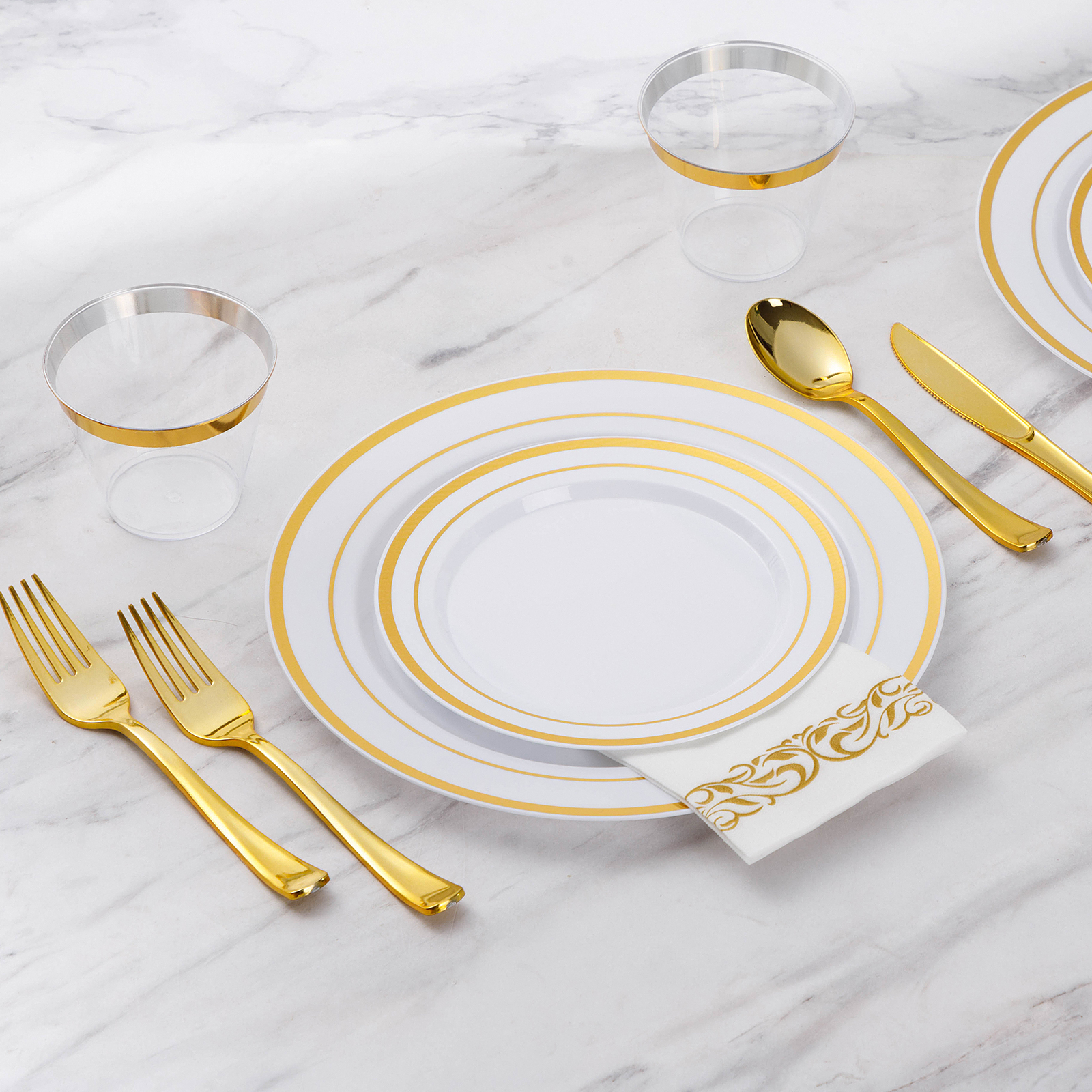 Gold rim plastic dinnerware set for wholesale party tableware