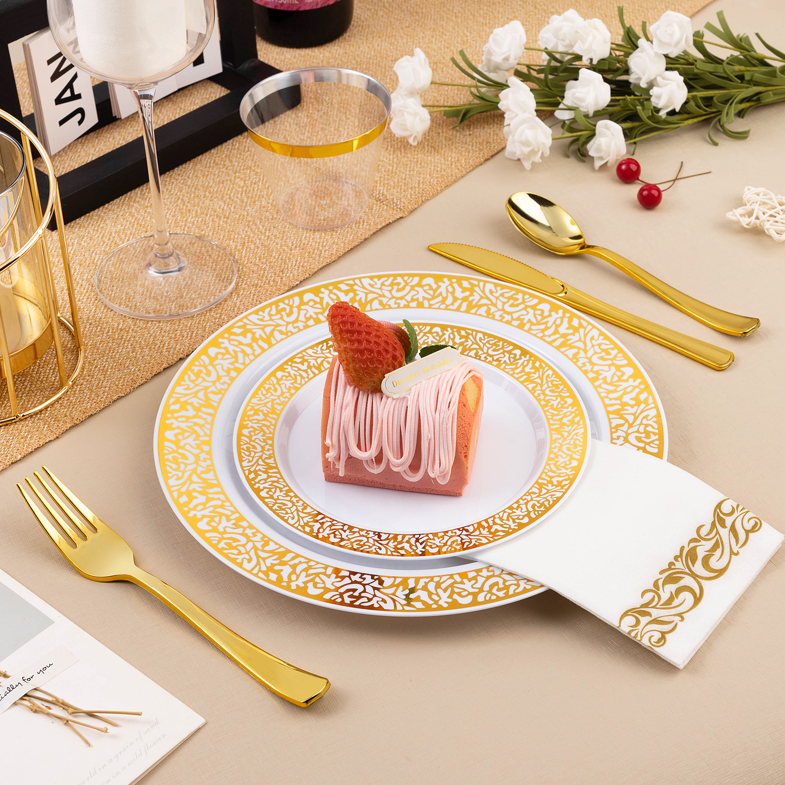 Plastic embossed gold rim dinnerware set