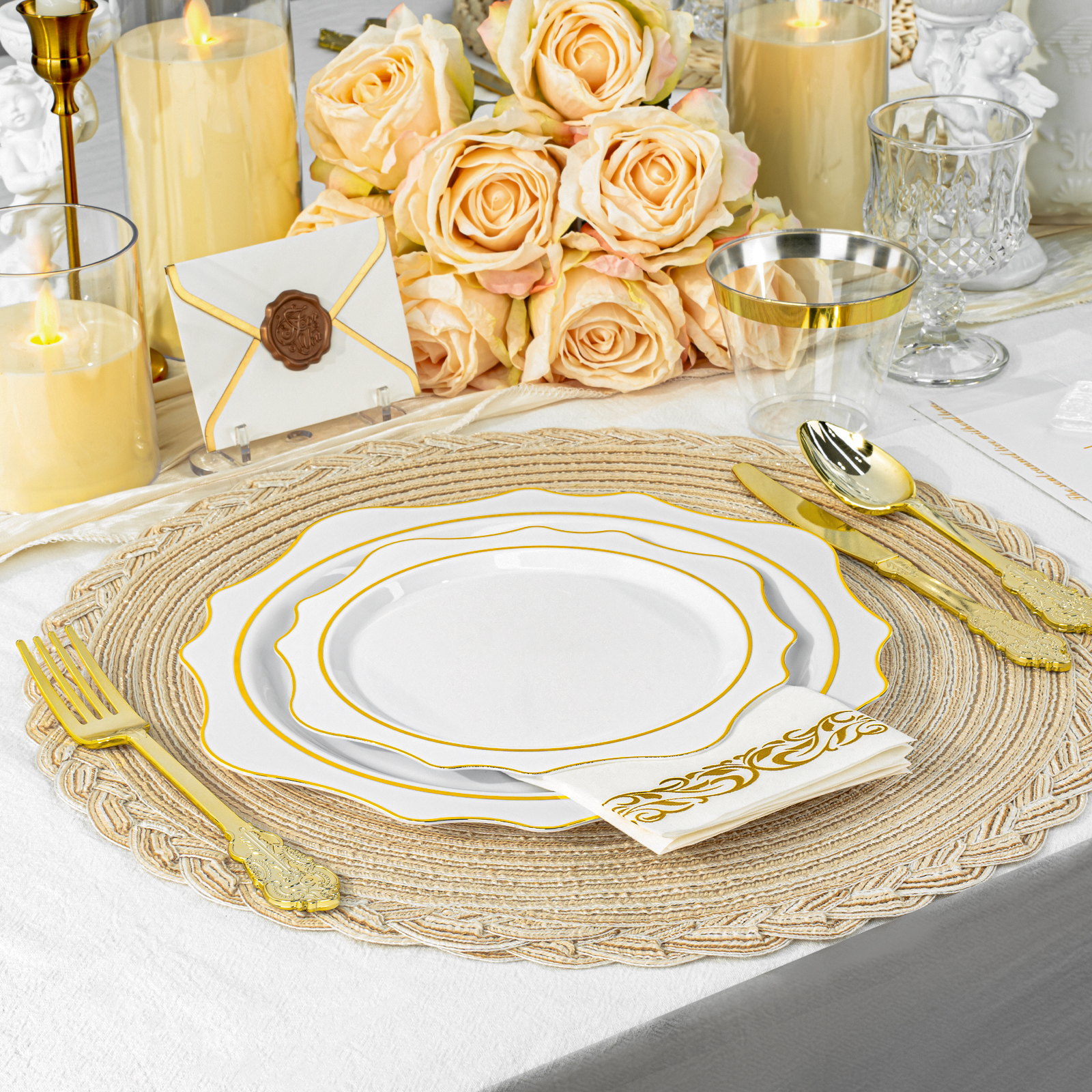 Plastic gold floral edge plate dinnerware set for disposable wedding tableware