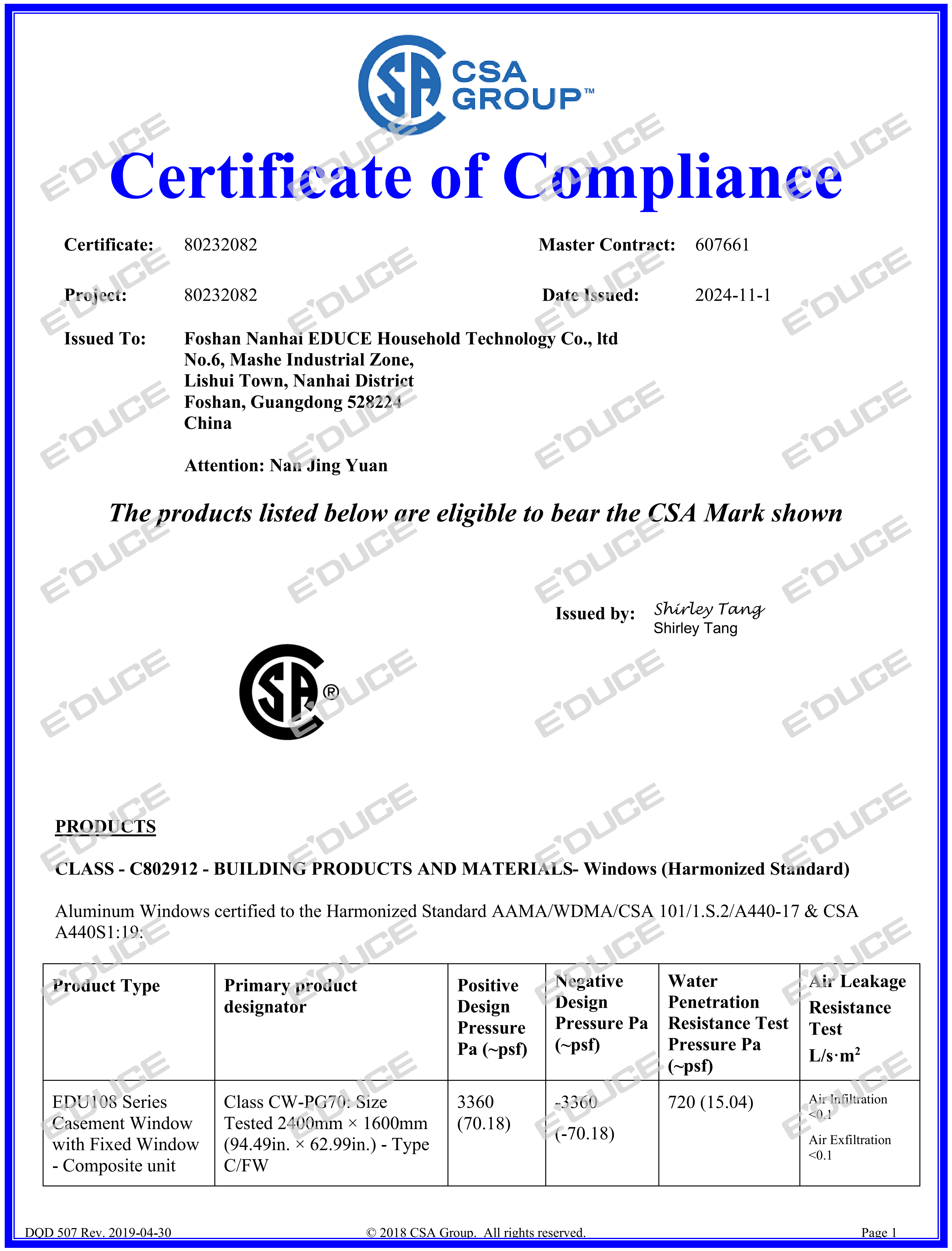 North America CSA Certificate of Compliance