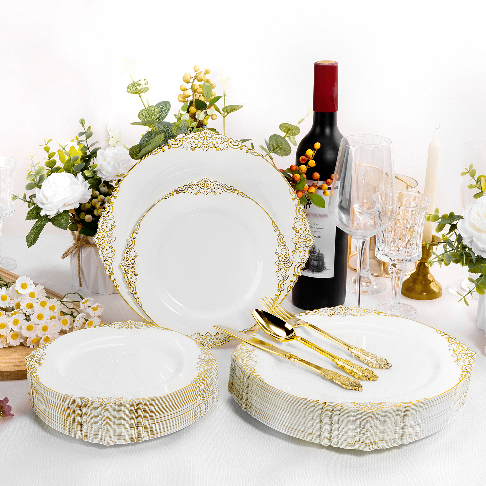 Vintage Rim Disposable Plastic Plates PB10 White 9 Inch