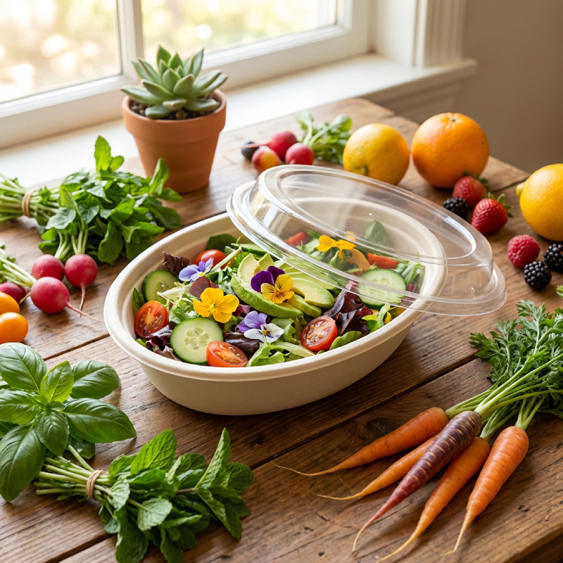 Bagasse oval bowl with lid - compostable food container