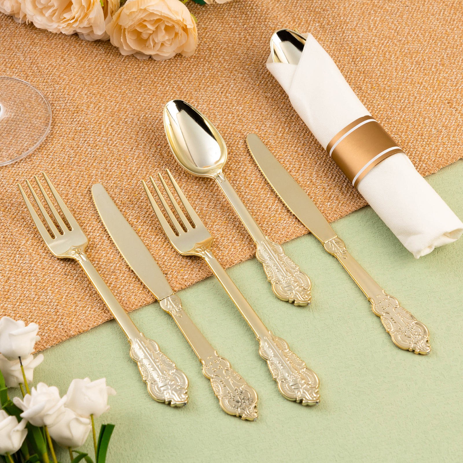 Vintage-style carved gold plastic cutlery set