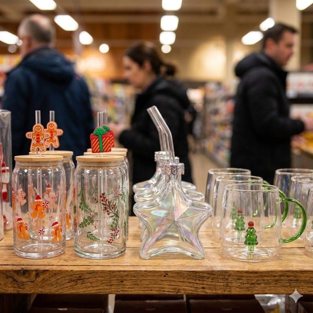 Glass drinkware prepared for supermarket and chain-store supply channels