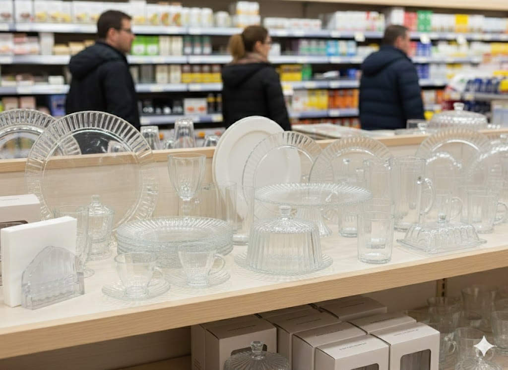 Glass drinkware arranged on a supermarket shelf