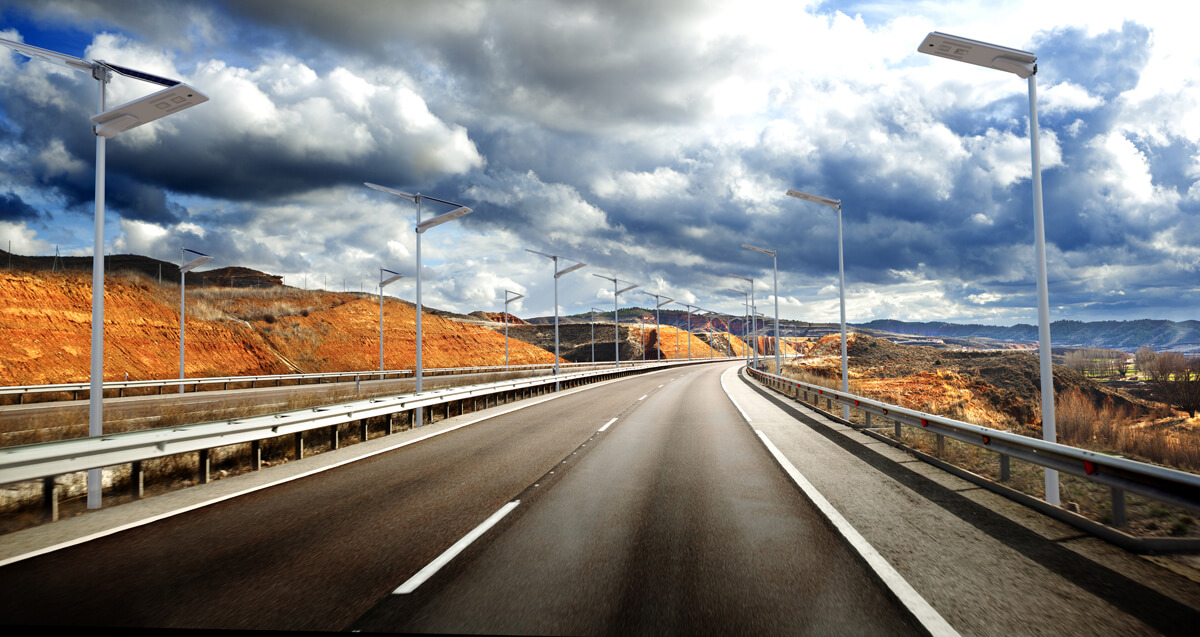 Palm Series 100W Foldable All-in-One Solar Street Light on a highway road in Brazil