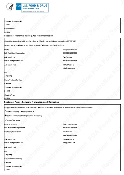 FDA Food Facility Registration Certificate