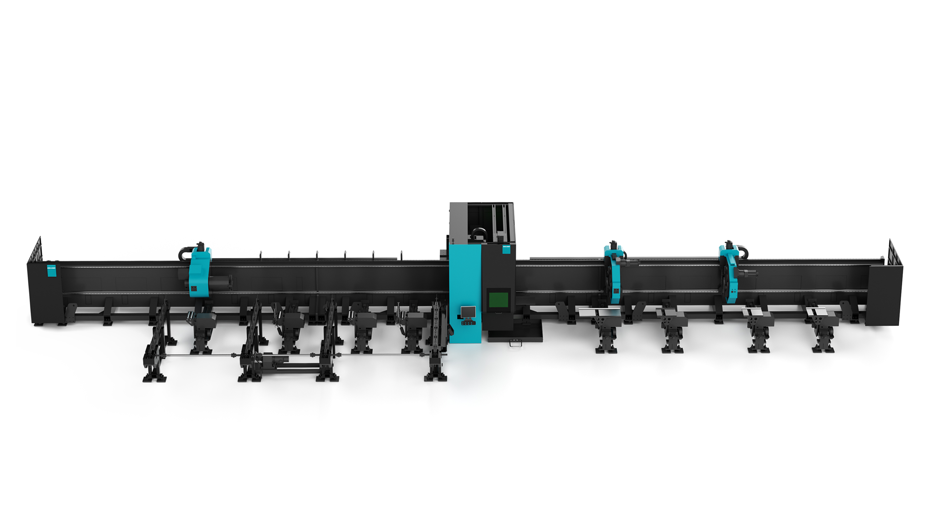 Multi-chuck synchronized tube laser cutting machine with follow-up support and centering devices