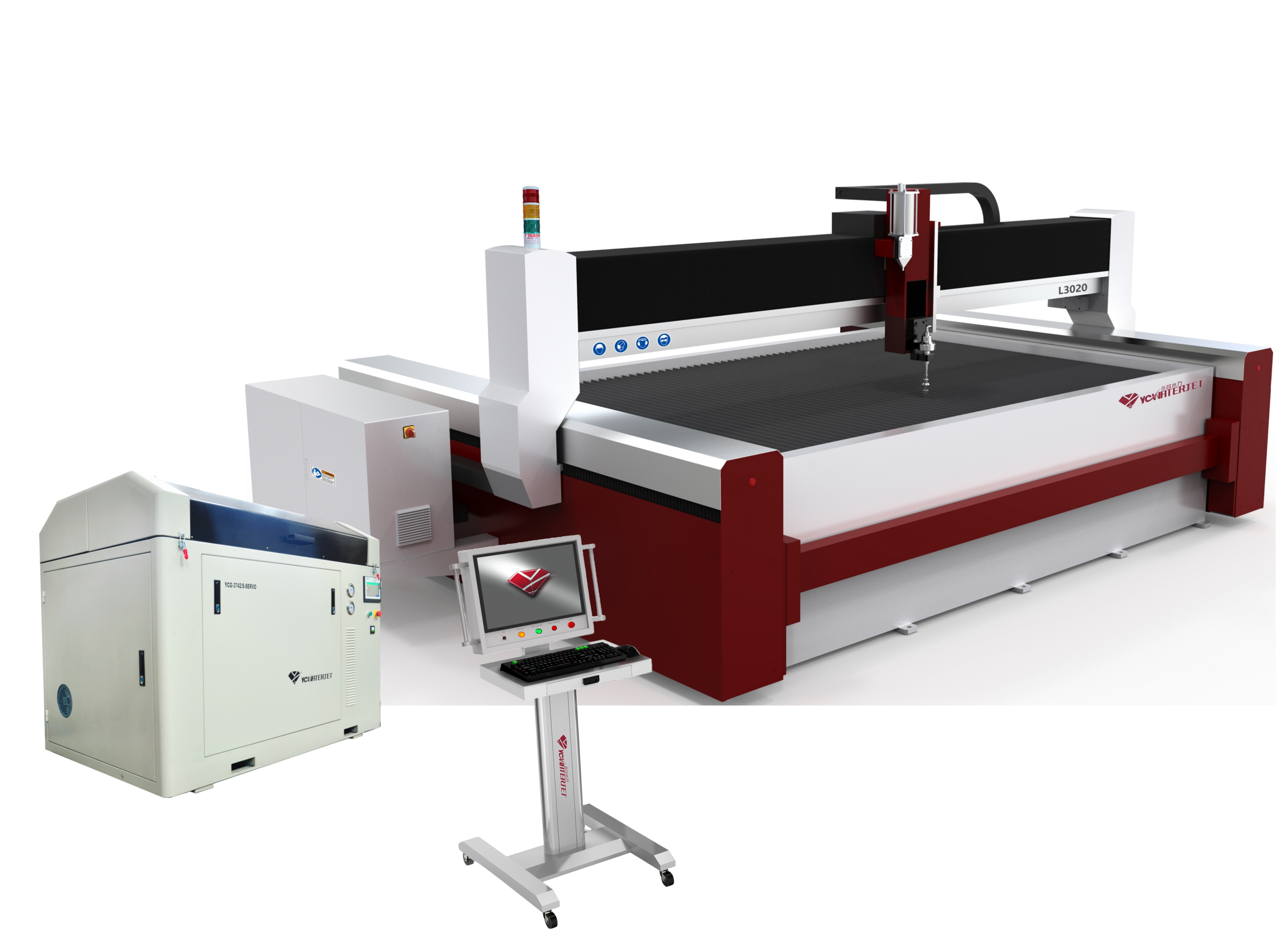 YC Waterjet cutting machine with CNC controller and high-pressure pump in a factory setting