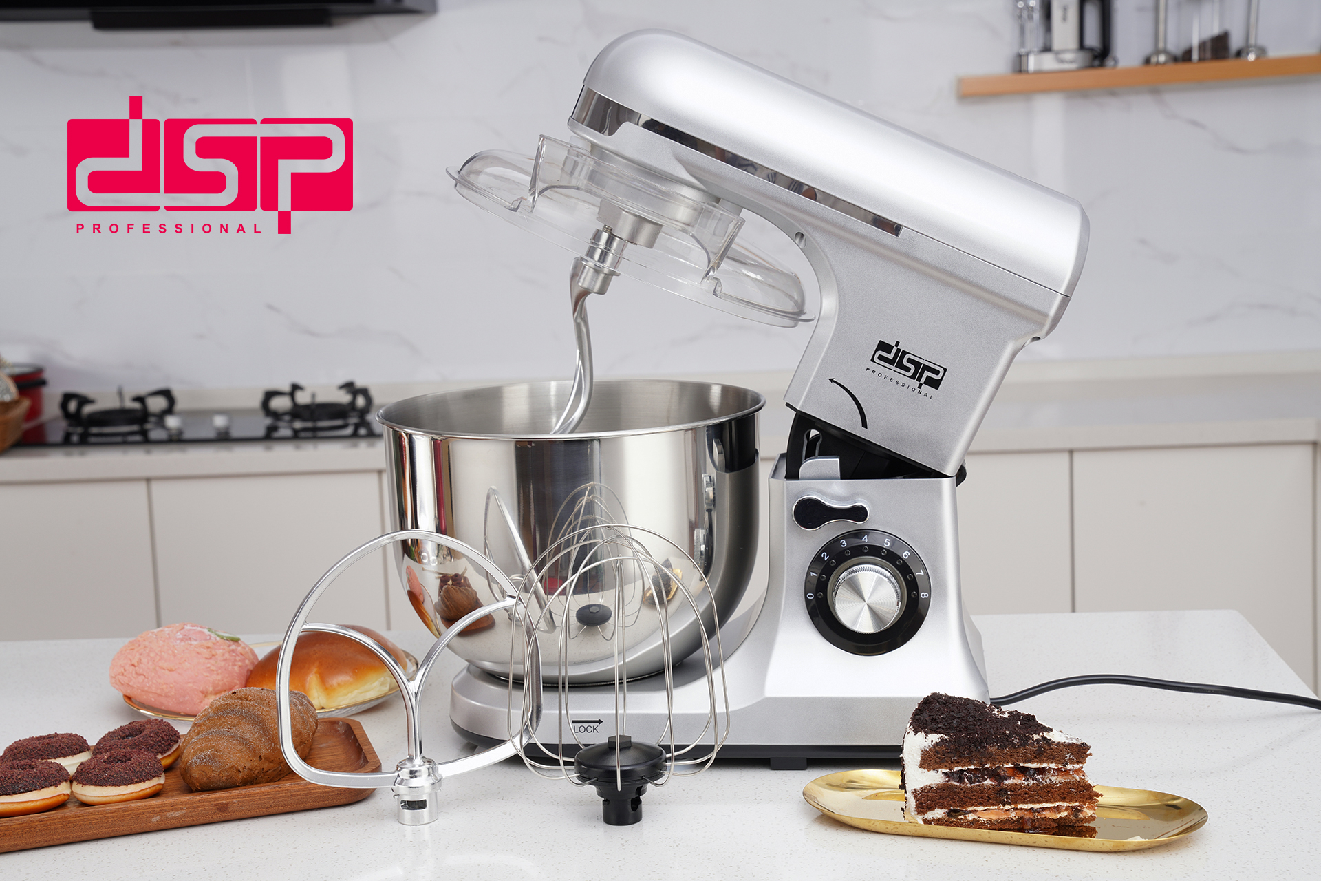 DSP KM3057 planetary dough mixer with eight-speed rotary switch, transparent bowl cover and lifting mechanism
