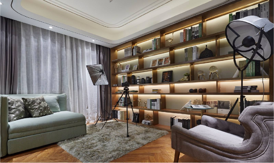 Study room in luxury villa with custom bookshelves