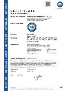 TÜV SÜD Certificate for Lever Switches (XT Series)