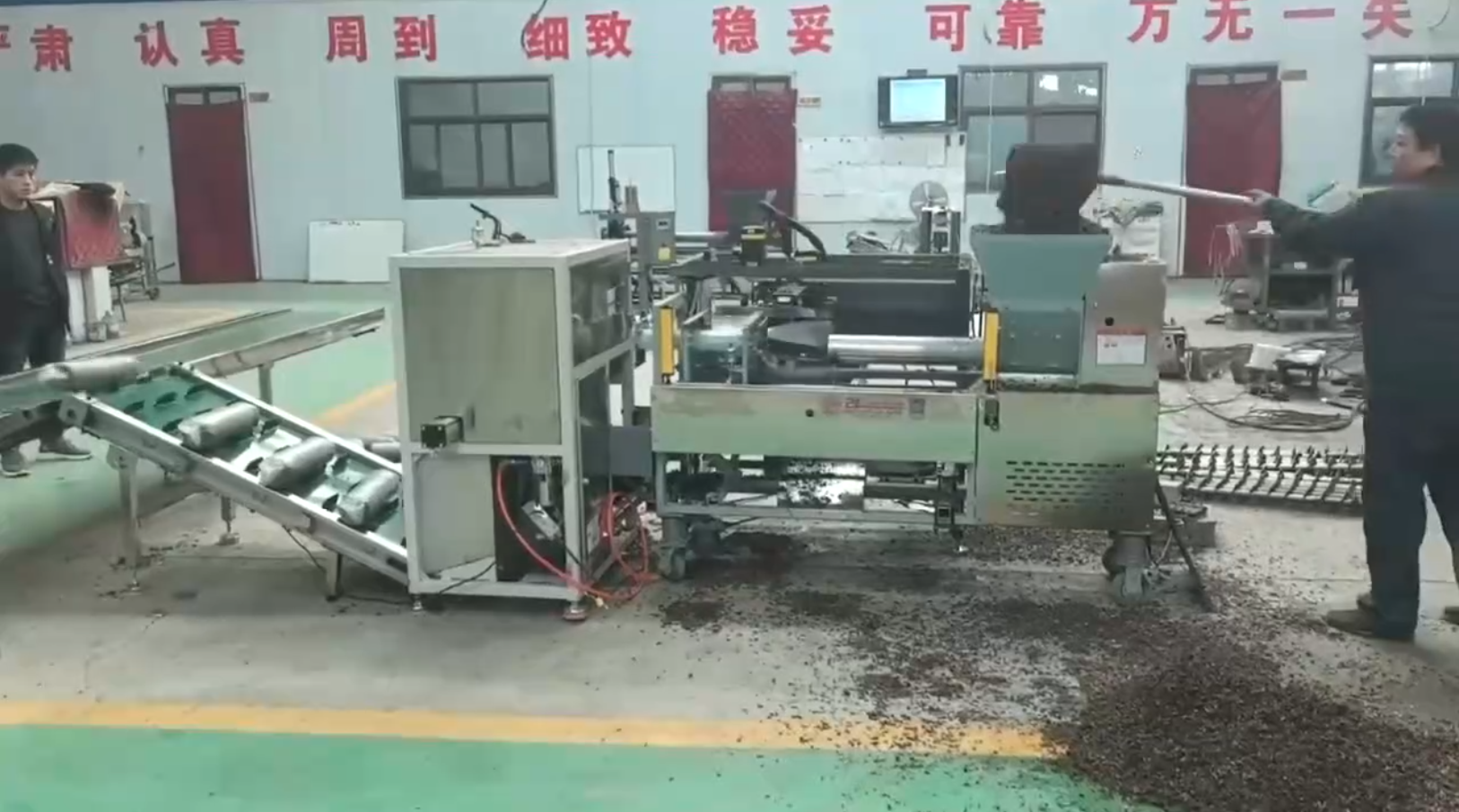 Mushroom bagging production line with tray loading