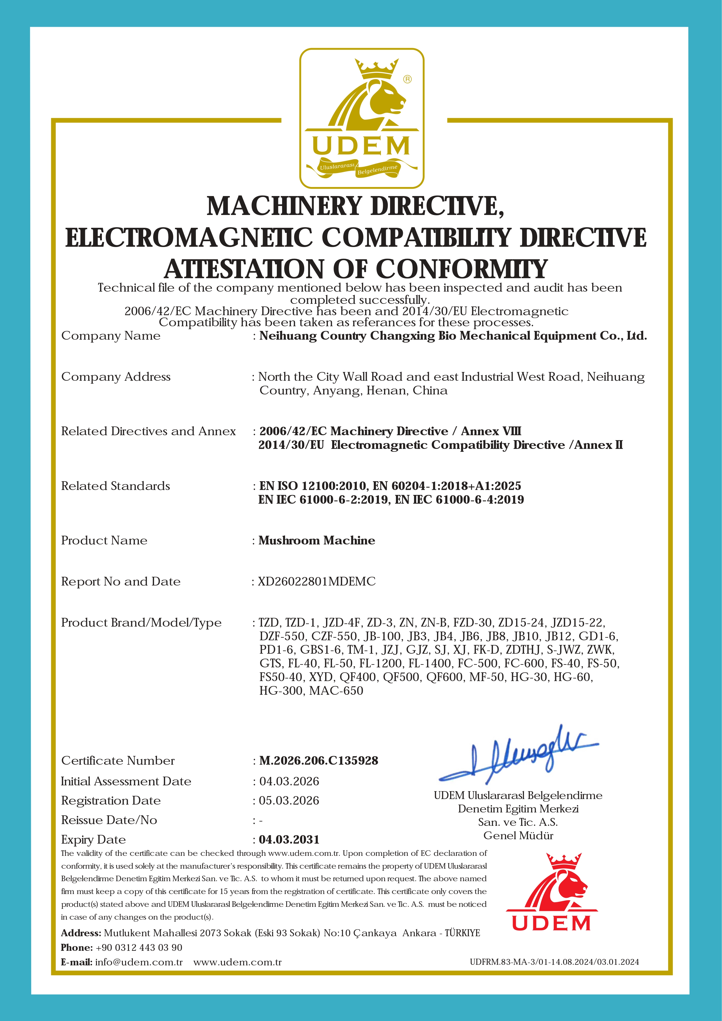 CE Certificate for Mushroom Machinery