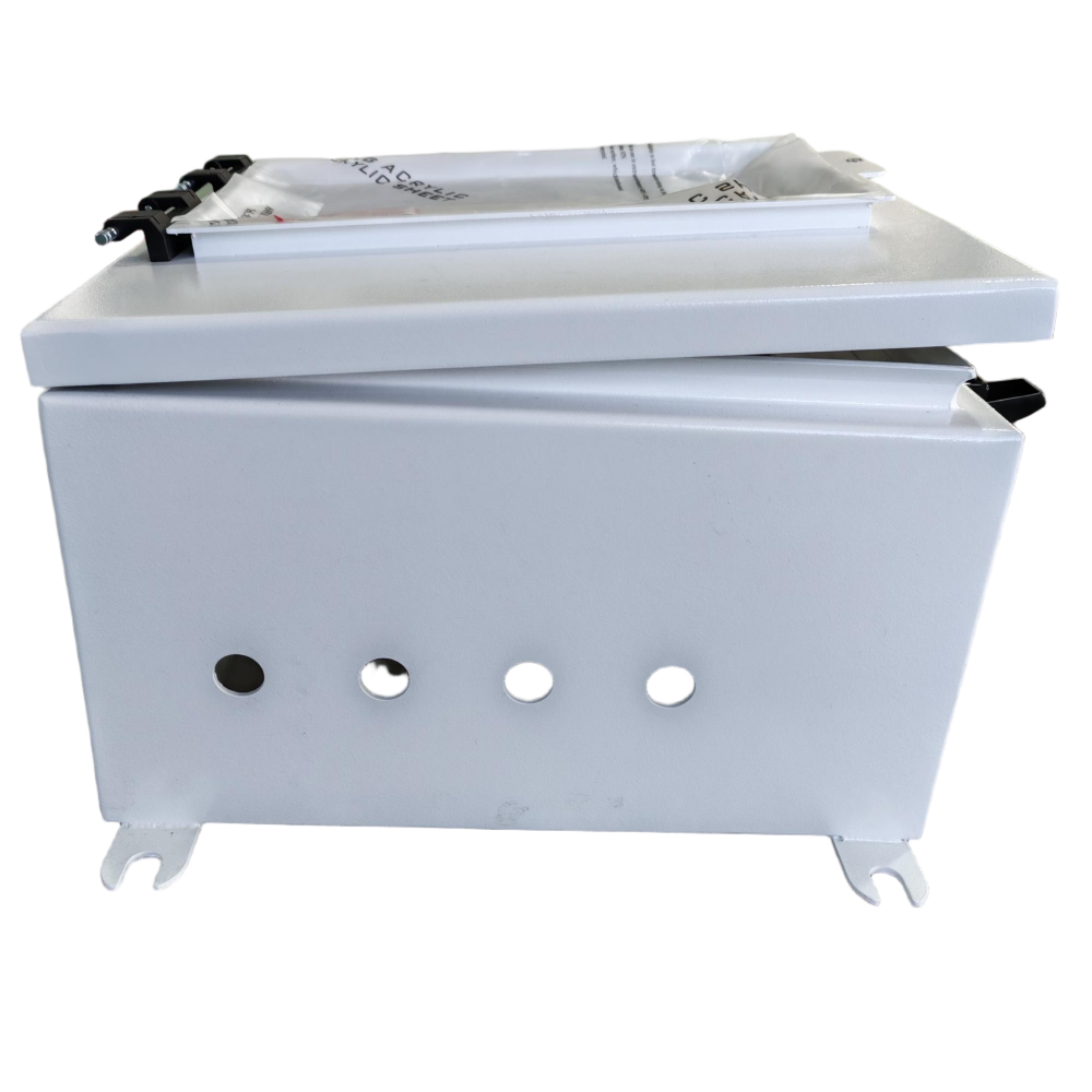 Wall-mounted IP66 electrical enclosure with single door and cable entry knockouts