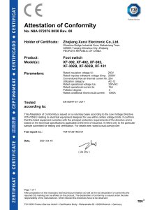 TÜV SÜD Attestation of Conformity for Foot Switches (XF Series)
