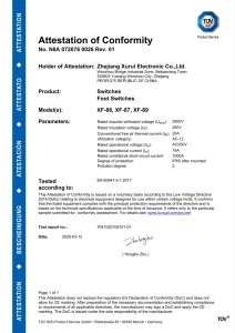 TÜV SÜD Attestation of Conformity for Foot Switches (XF-86, XF-87, XF-89)