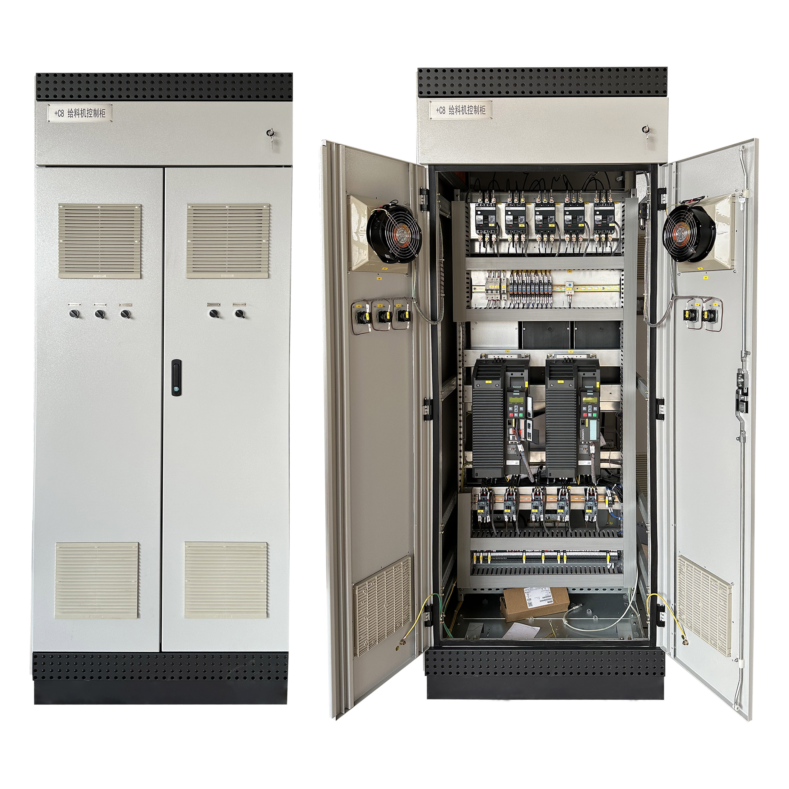 Industrial PLC and VFD control cabinet internal layout with 19-inch rails and grounding bar