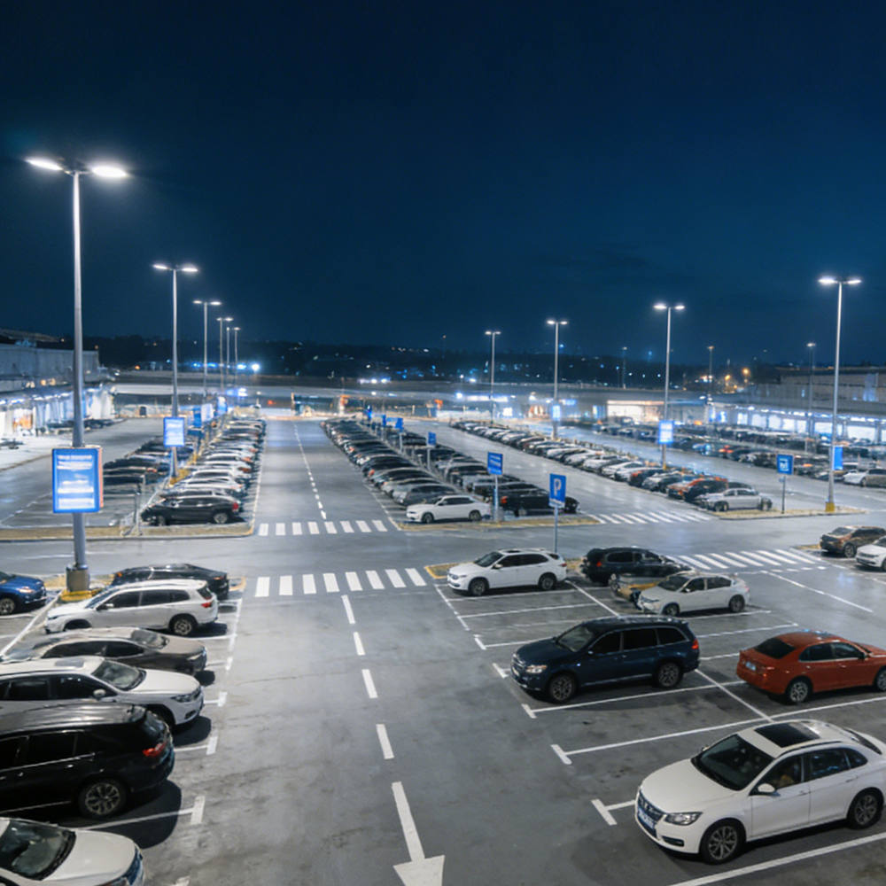 Tool-less LED Area Light PLB installed for parking lot lighting, an IP66 and IK10 outdoor luminaire