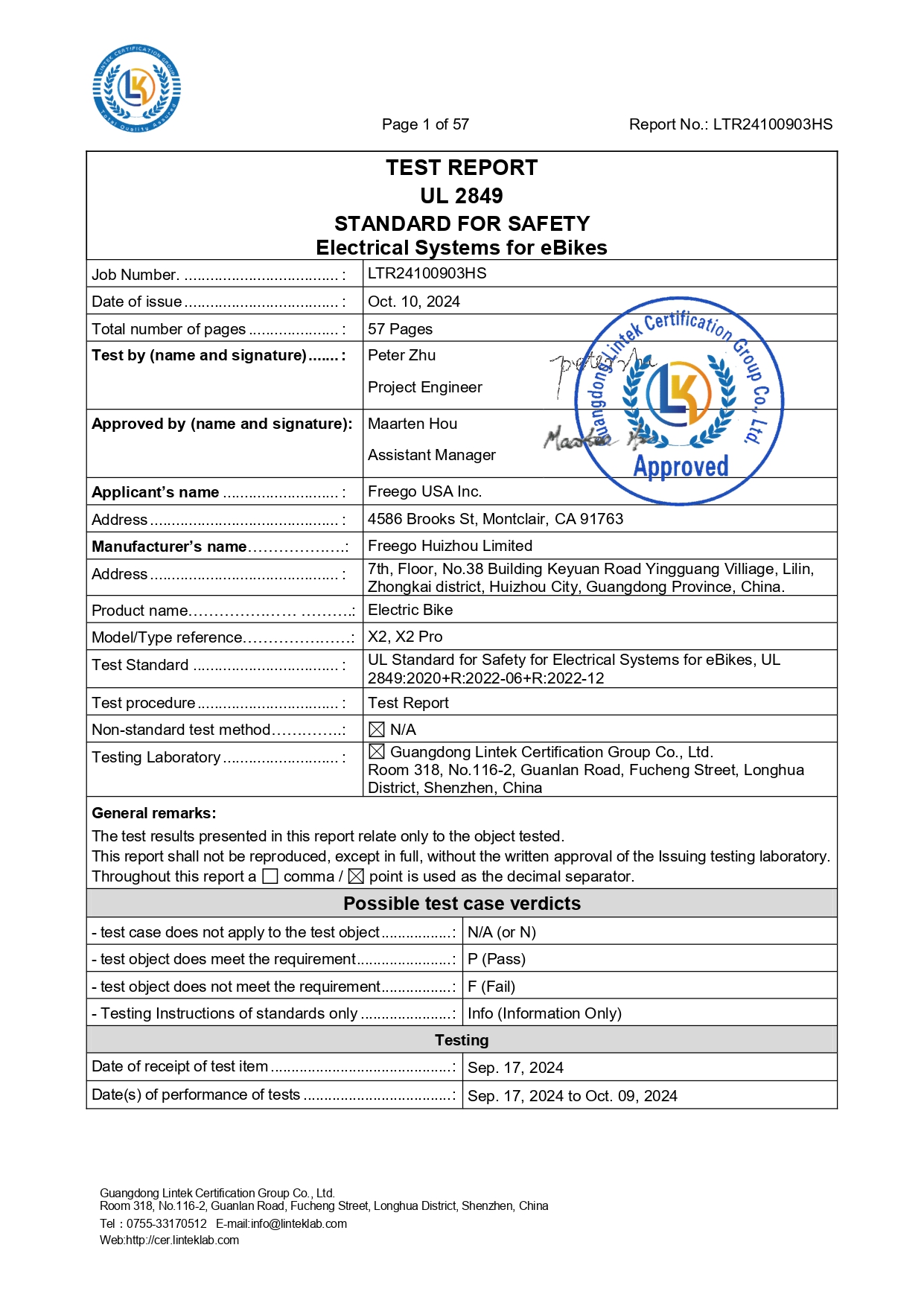 UL 2849 Certification for Freego X2 Pro