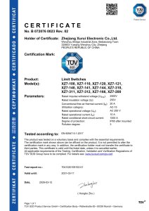 TÜV SÜD Certificate for Limit Switches (XZ7 Series)