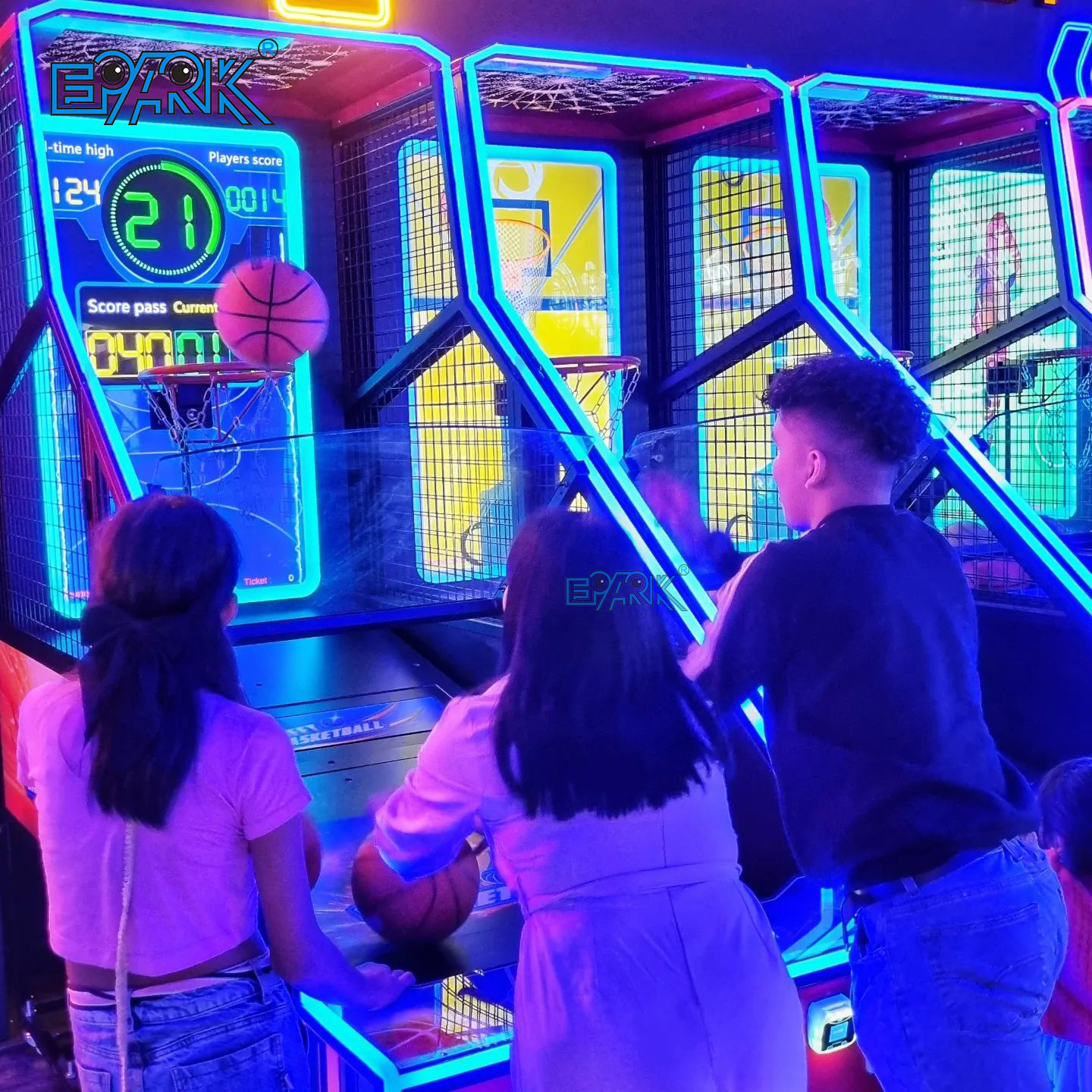 Family entertainment center arcade floor with multiple game zones