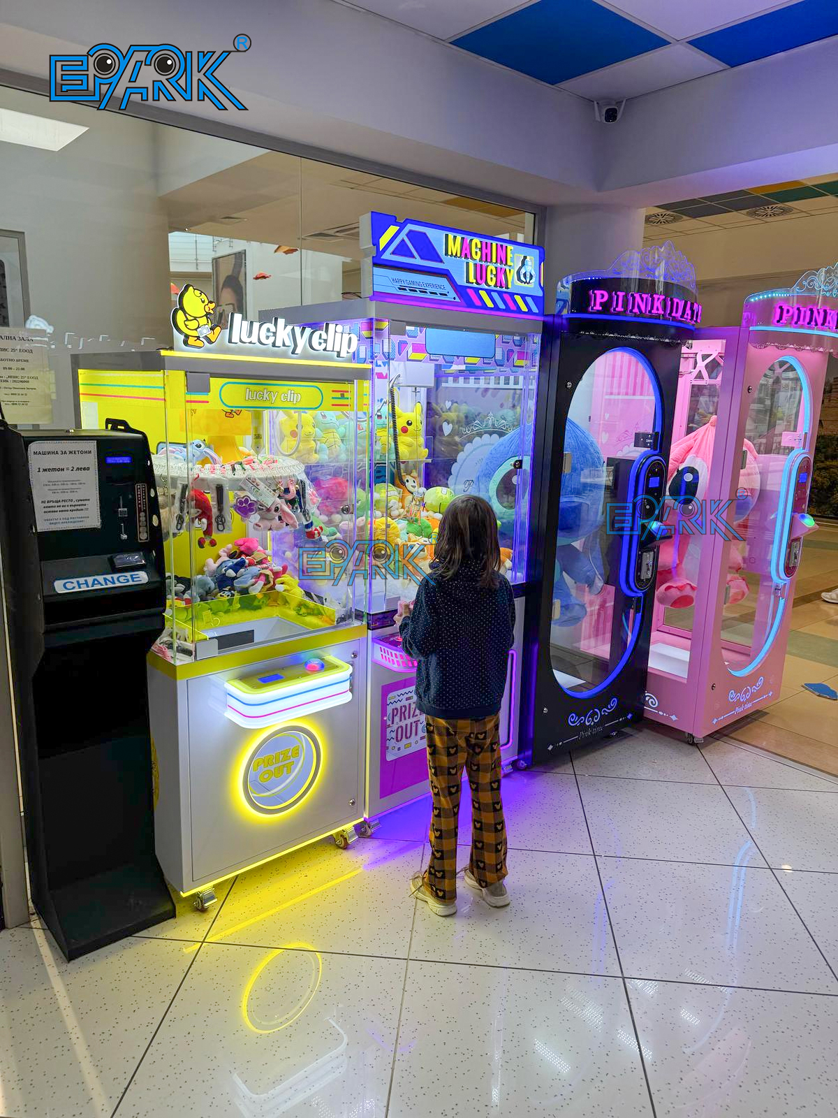 Claw machines and arcade equipment in a mall environment