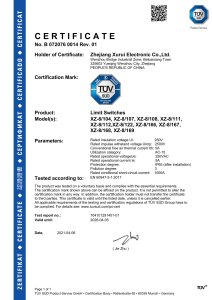 TÜV SÜD Certificate for Limit Switches (XZ8 Series)