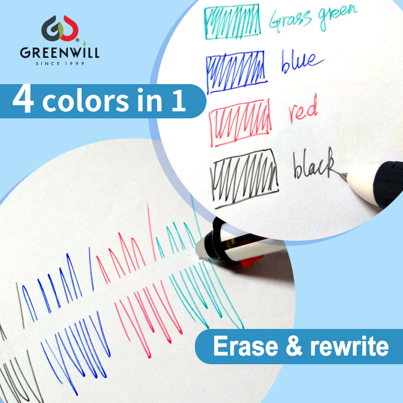 Multi-color press switch erasable pen showing color options for retail and OEM programs