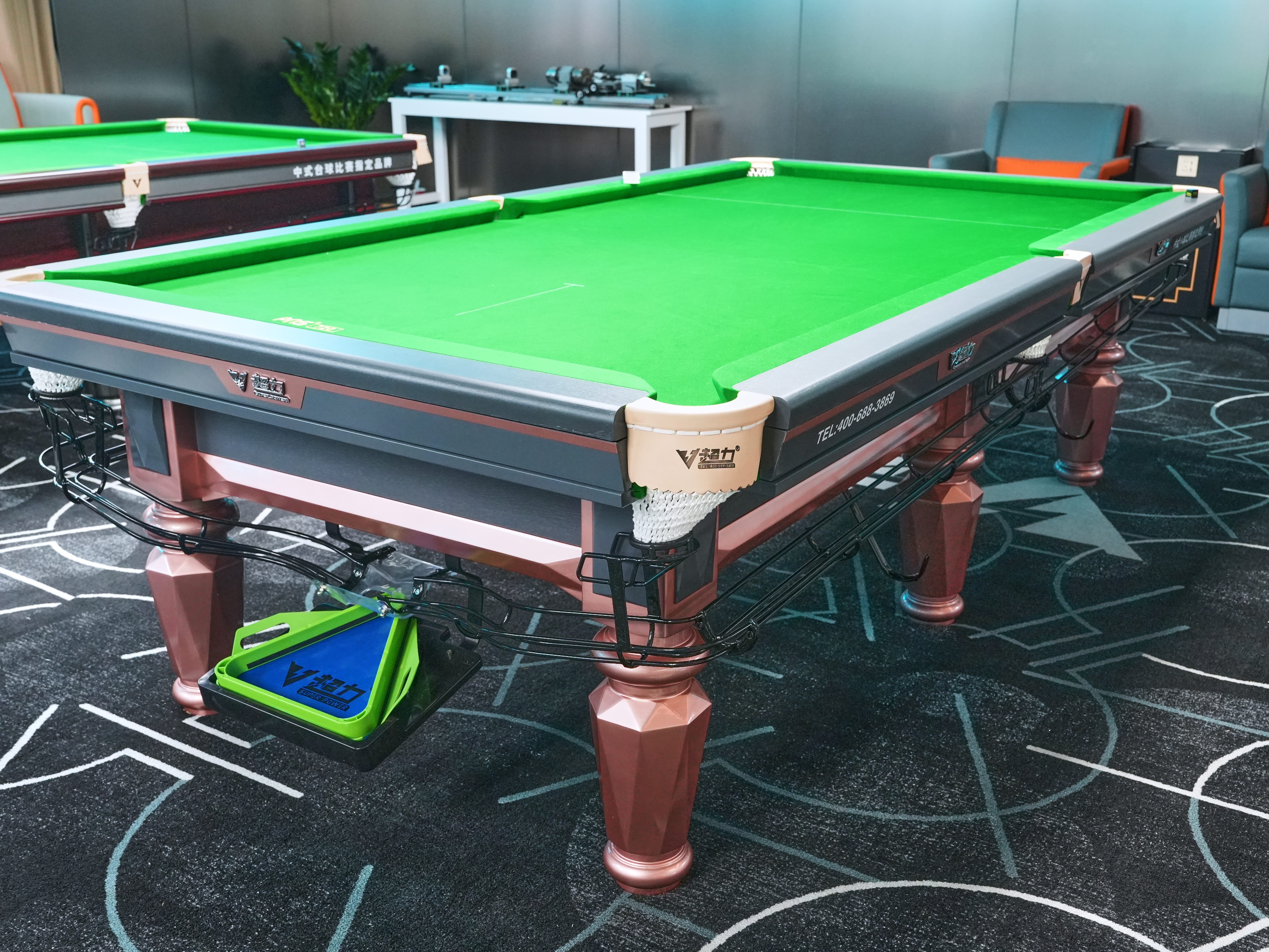 Diamond Heyball table side view highlighting solid wood rail