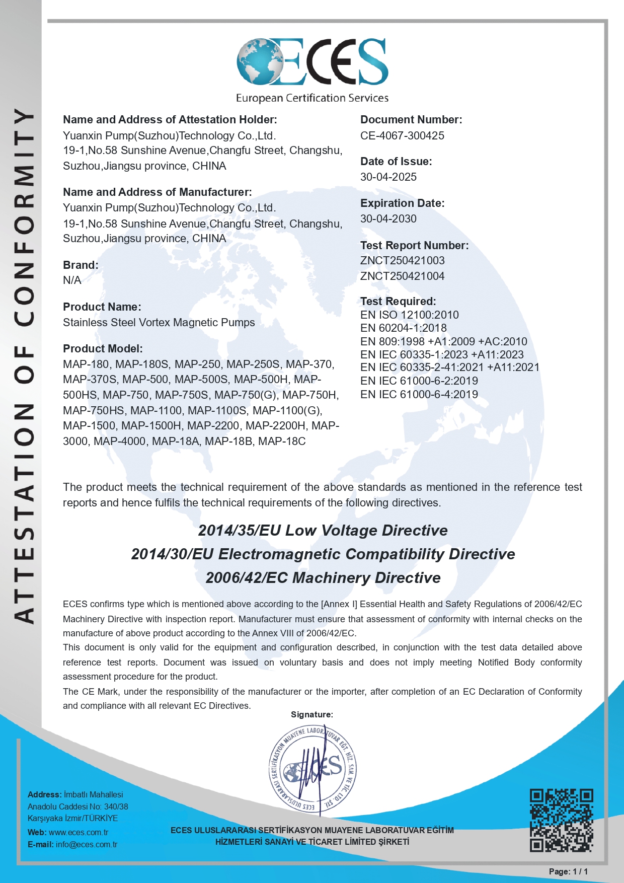 CE Certificate for Regenerative Turbine Magnetic Pumps