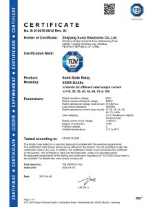 TÜV SÜD Certificate for Solid State Relay (XSSR-DA48 Series)