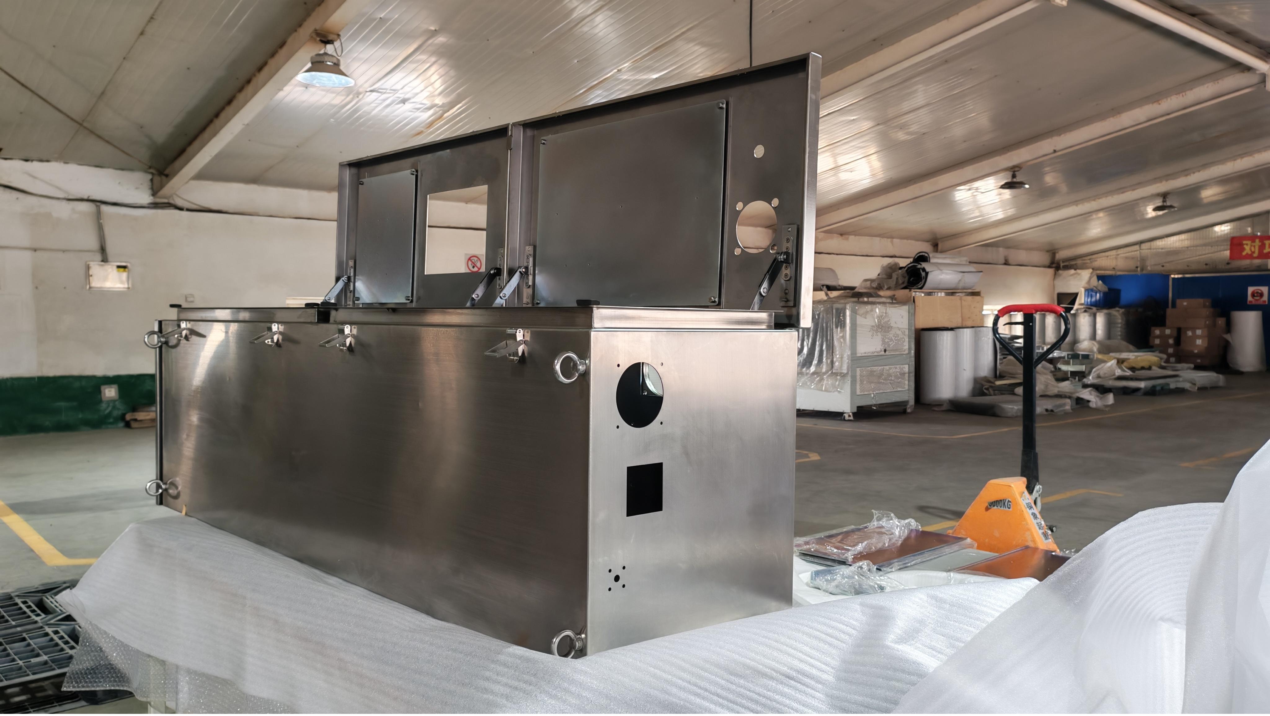 Internal 19 inch rack rails and mounting plate layout inside a stainless steel double-door outdoor cabinet