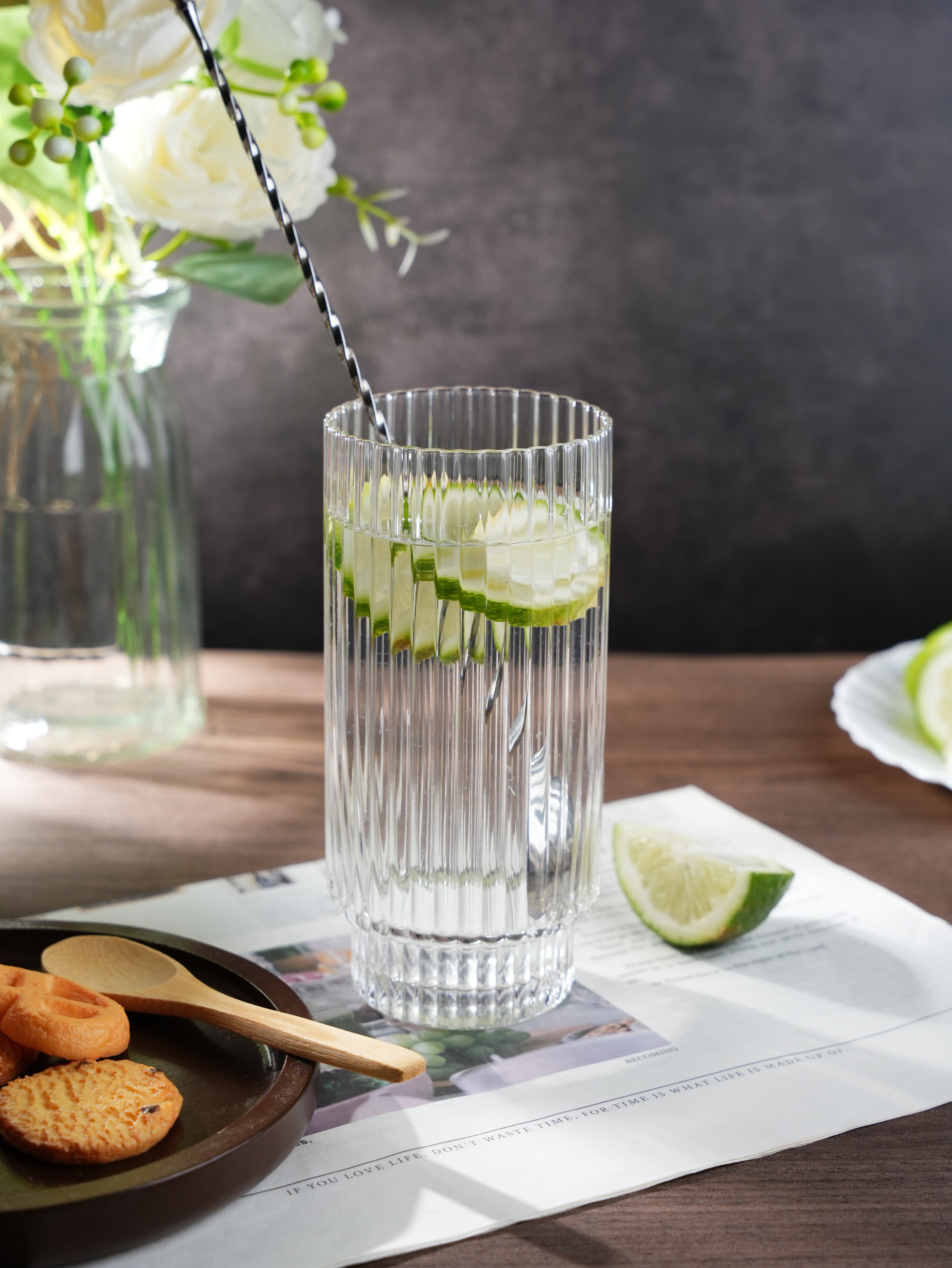 400ml ribbed highball glass tumbler made by machine-pressed craft