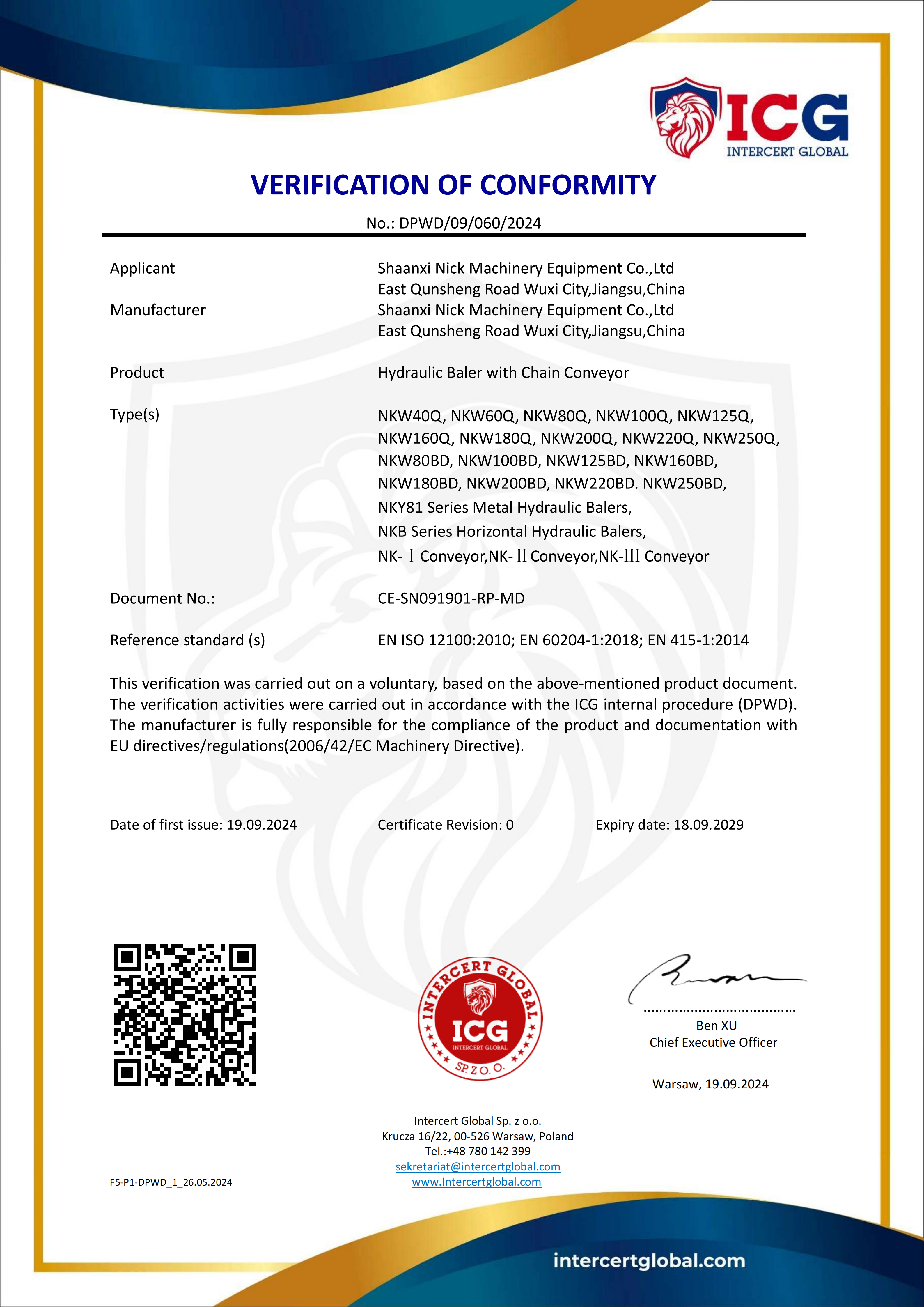 CE Verification of Conformity Certificate for nkbaler