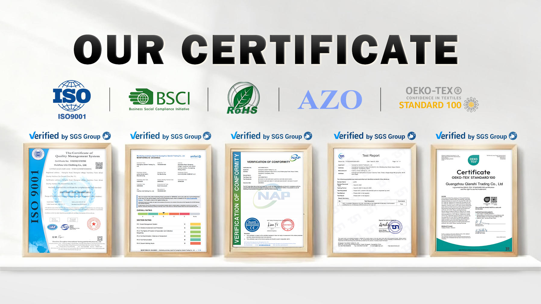 Qianshi's Certificates including ISO 9001, BSCI, GPSR, AZO