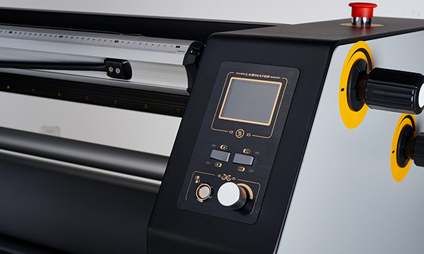 Front control panel of a MEFU roll laminator used to set temperature, speed, and roller pressure