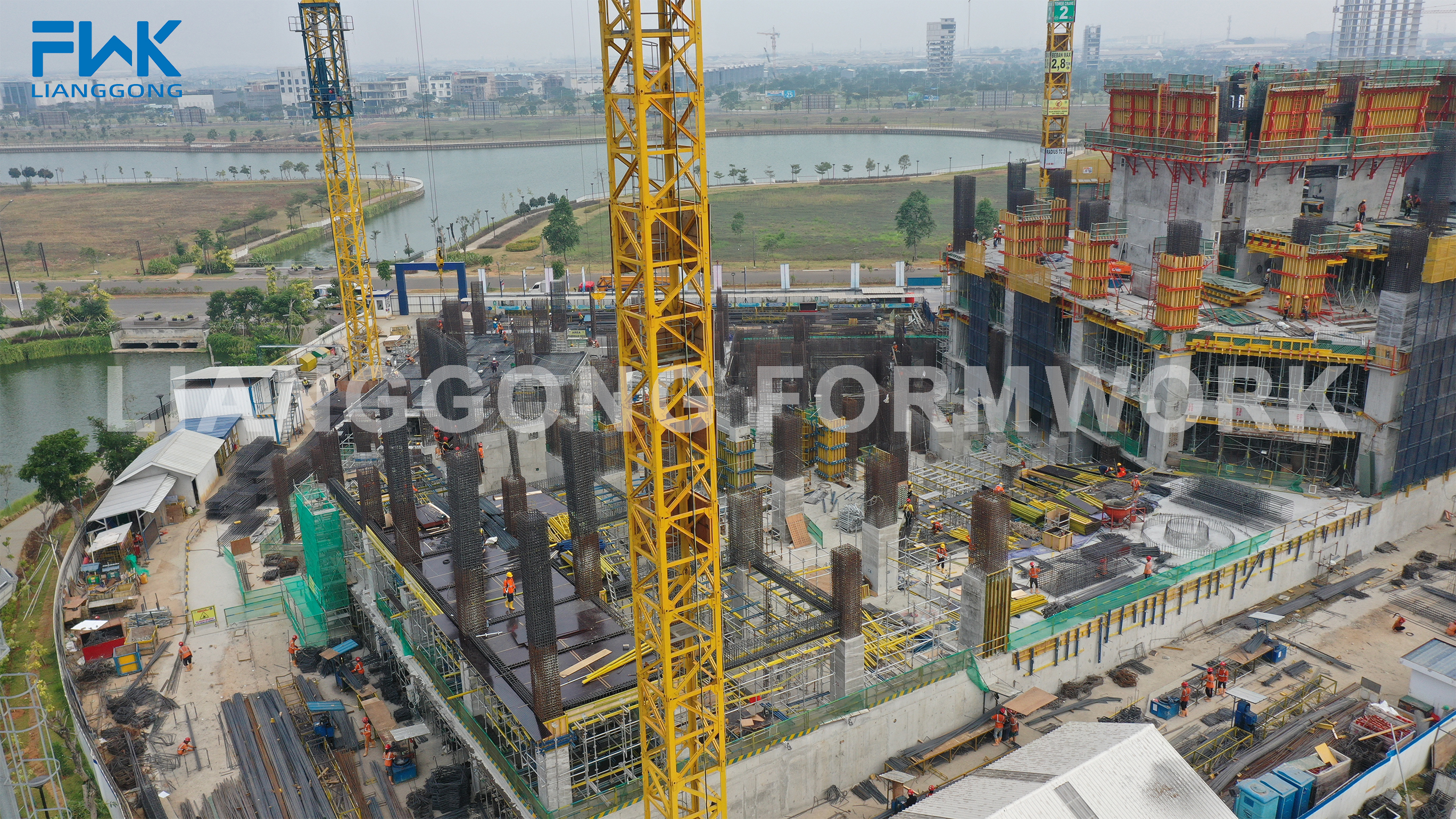 High-rise construction site where slab, wall and climbing formwork systems are used together