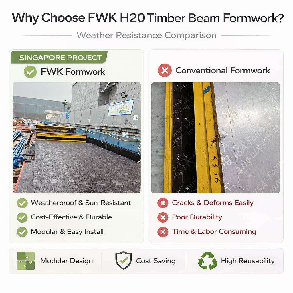 FWK H20 Timber Beam Formwork VS Conventional Formwork comparison showing superior reuse and maintenance