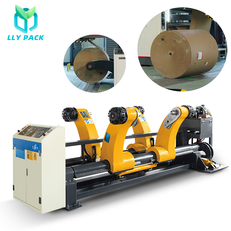 Hydraulic Reel Stand HRS-1 holding a large paper roll for a corrugated cardboard production line