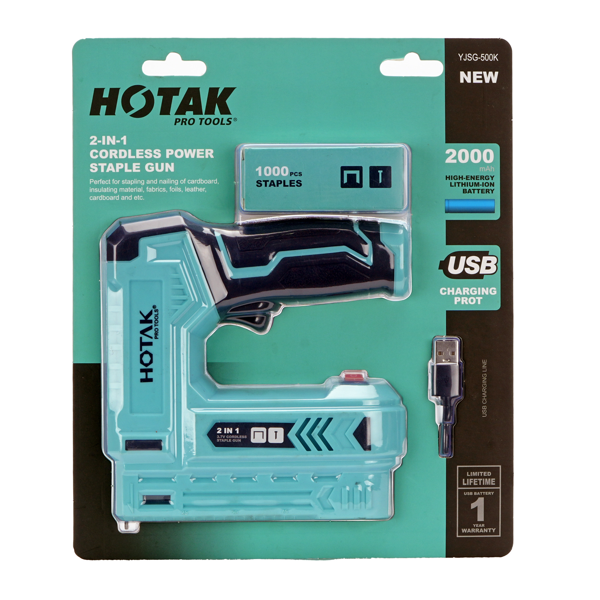 Cordless staple and nail gun, model YJSG-500, in the 4V cordless tool platform